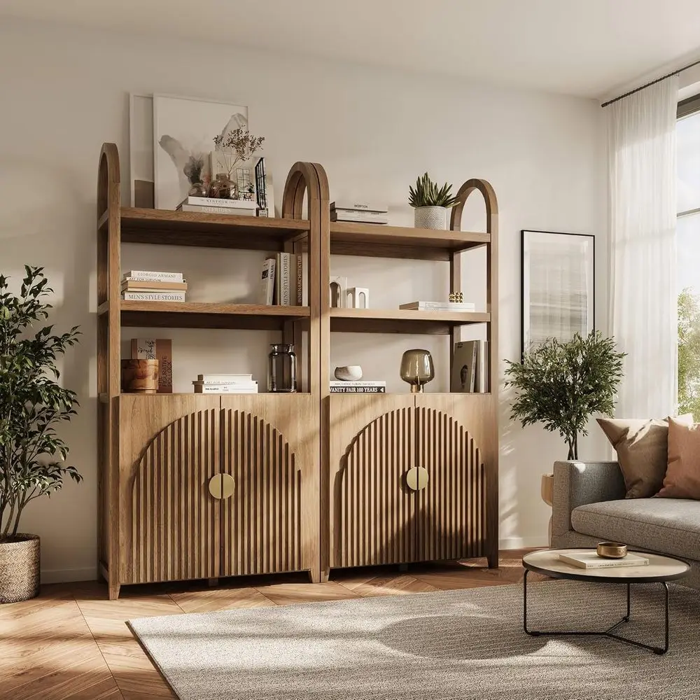 

Высокий арочный книжный шкаф на 5 полок с местом для хранения, 72 дюйма в высоту, подходит для гостиной или офиса, комплект из 2 штук