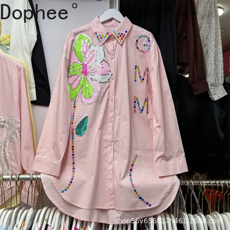

2025 New Autumn Long Sleeve Women Blouses Colorful Beads Sequins Flowers Mid-long Loose Cardigans Shirts Casual Female Tops