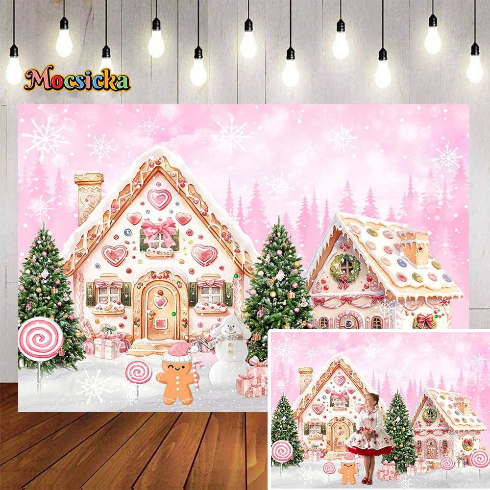 

Christmas Gingerbread House Photography Background Cartoon Snowman Snowflakes Pink Backdrop for Girl Winter Birthday Party Photo