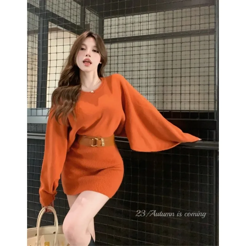 حزام عصري بأكمام الخفافيش مع فستان محبوك بحزام الخصر بلون سادة ورقبة دائرية وأكمام طويلة فستان قصير على الورك #4