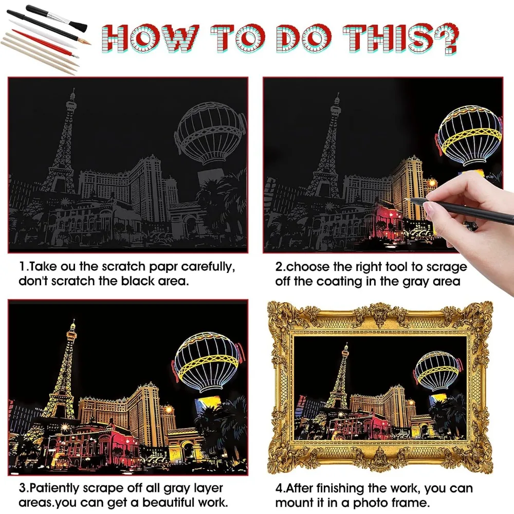 12 스크래치 스크래치 무지개 종이, 스케치 패드 DIY 아트 및 Craft City 시리즈 야간 풍경 스크래퍼, 7.8 X 5.5 인치