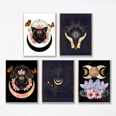Witchy Decoration Canvas Painting Witchcraft Triple Moon Art Print Gothic Home Decoration Magic Witchy Knowledge Art Gift Poster