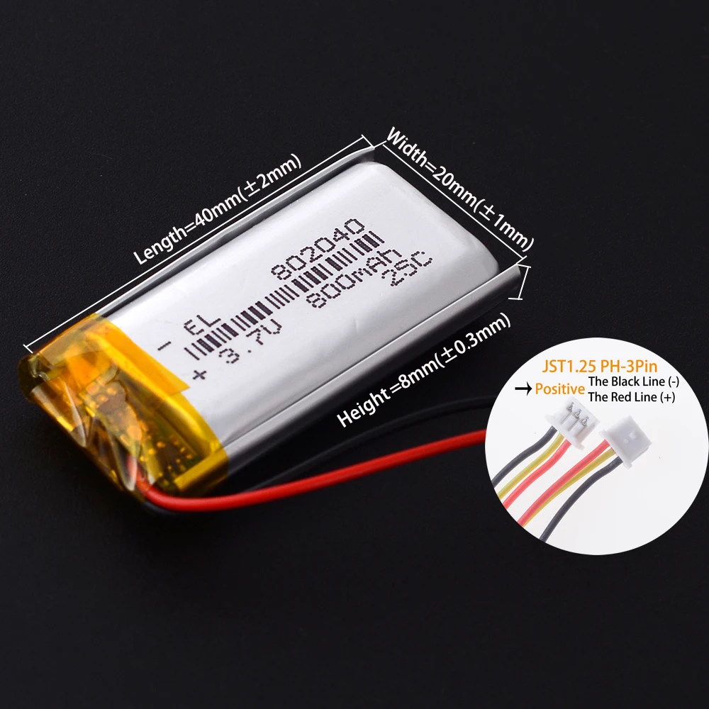 JST1.25mm 3Pin 702040 600mAh 652040 Lithium Lipo Li-ion Polymer Battery 302040 402040 502040 602040 802040 902040 102040