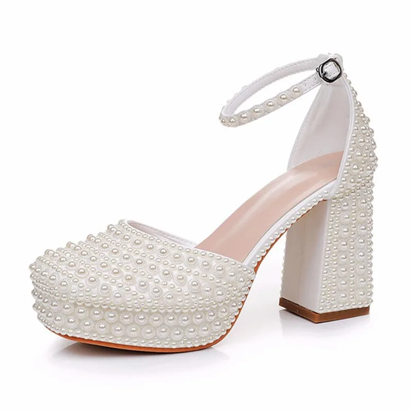 

Роскошные женские туфли-лодочки ручной работы на танкетке с жемчугом и бисером, модные свадебные туфли на очень высоком каблуке на массивном каблуке