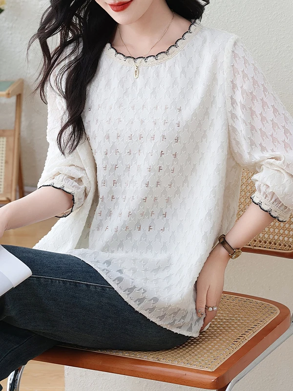 

Ele round Ne Long Sve женский irt Sense Embellied кружевной весенне-осенний новый свободный крой Faion Top