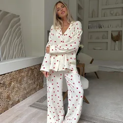 Conjunto de pijamas de muselina de 2 piezas para mujer, 100% algodón, estampado de amor, cómodas camisetas de manga larga, pijamas para el hogar, ropa para dormir, tela de otoño