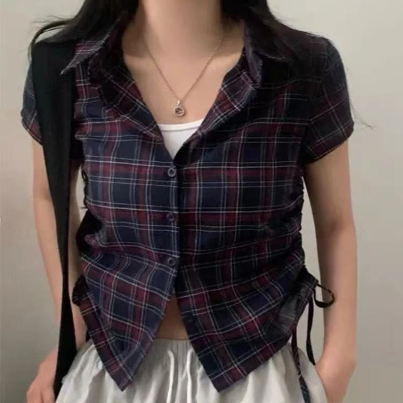 Chic Summer Vintage Versatile Turn-down Collar Small Button Side Gathered Design Ort Plaid Irt Women's Top Commute Sle