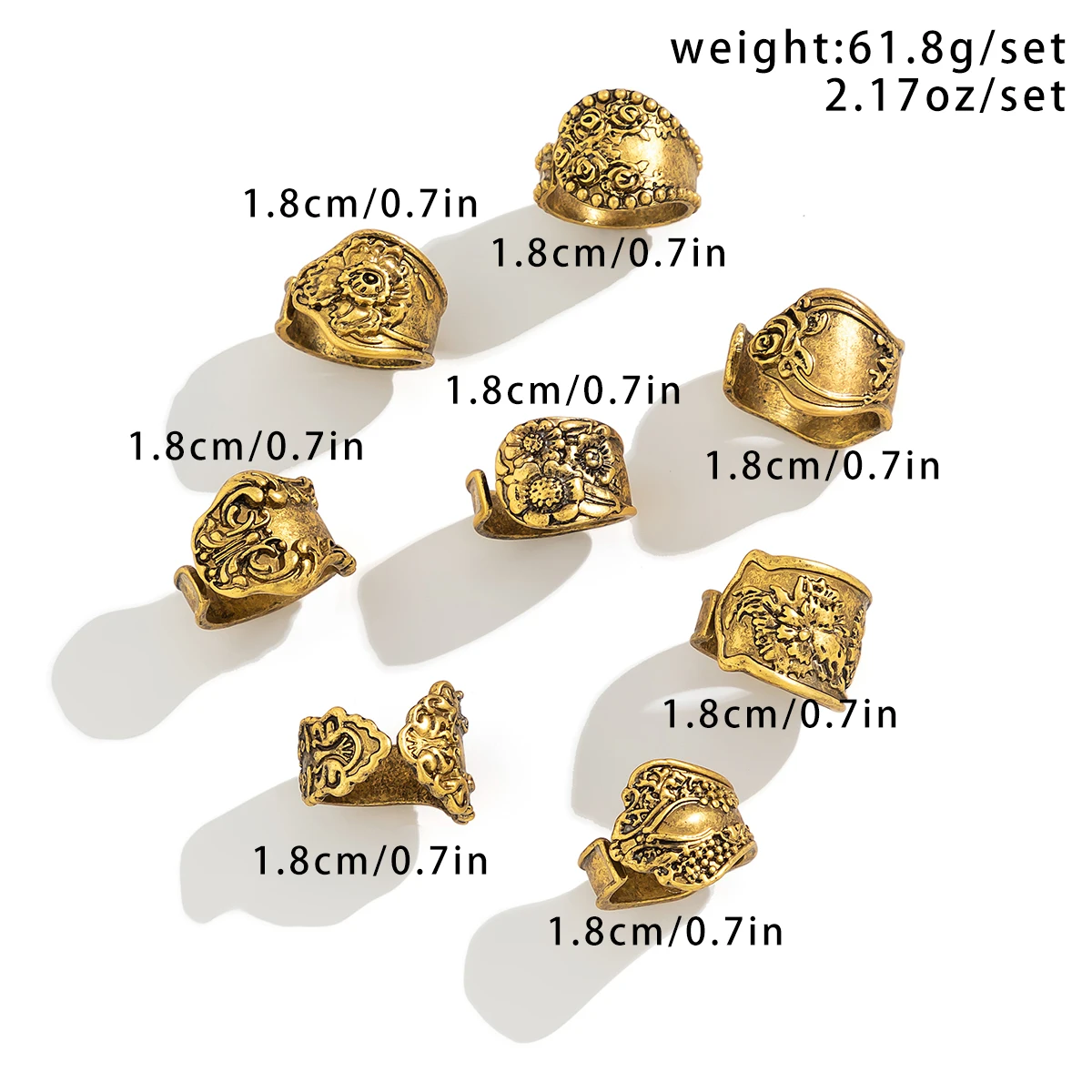 Ingemark 8Pcs Vintage Silver Color Adjustable Open Rings for Women Goth Carved Flower Metal Rings Engagement Wed Jewelry Gift