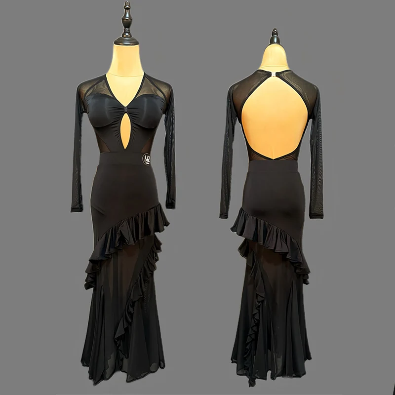 เซ็กซี่ห้องบอลรูมเต้นรําชุดแขนยาวสีดําชุดBacklessมาตรฐานWaltzชุดหญิงห้องบอลรูมDancewear VBH1789