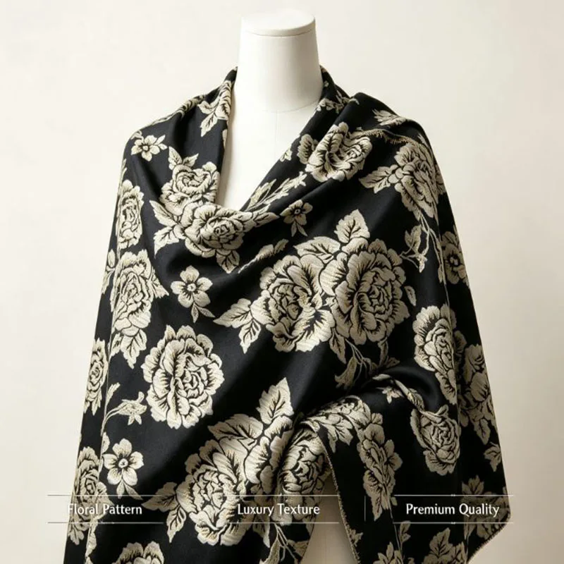 Tissu Jacquard Pivoine Or Blanc sur Base Noire de Luxe, Matière Brocart Florale Vintage pour Décoration Intérieure et Confection de Vêtements DIY