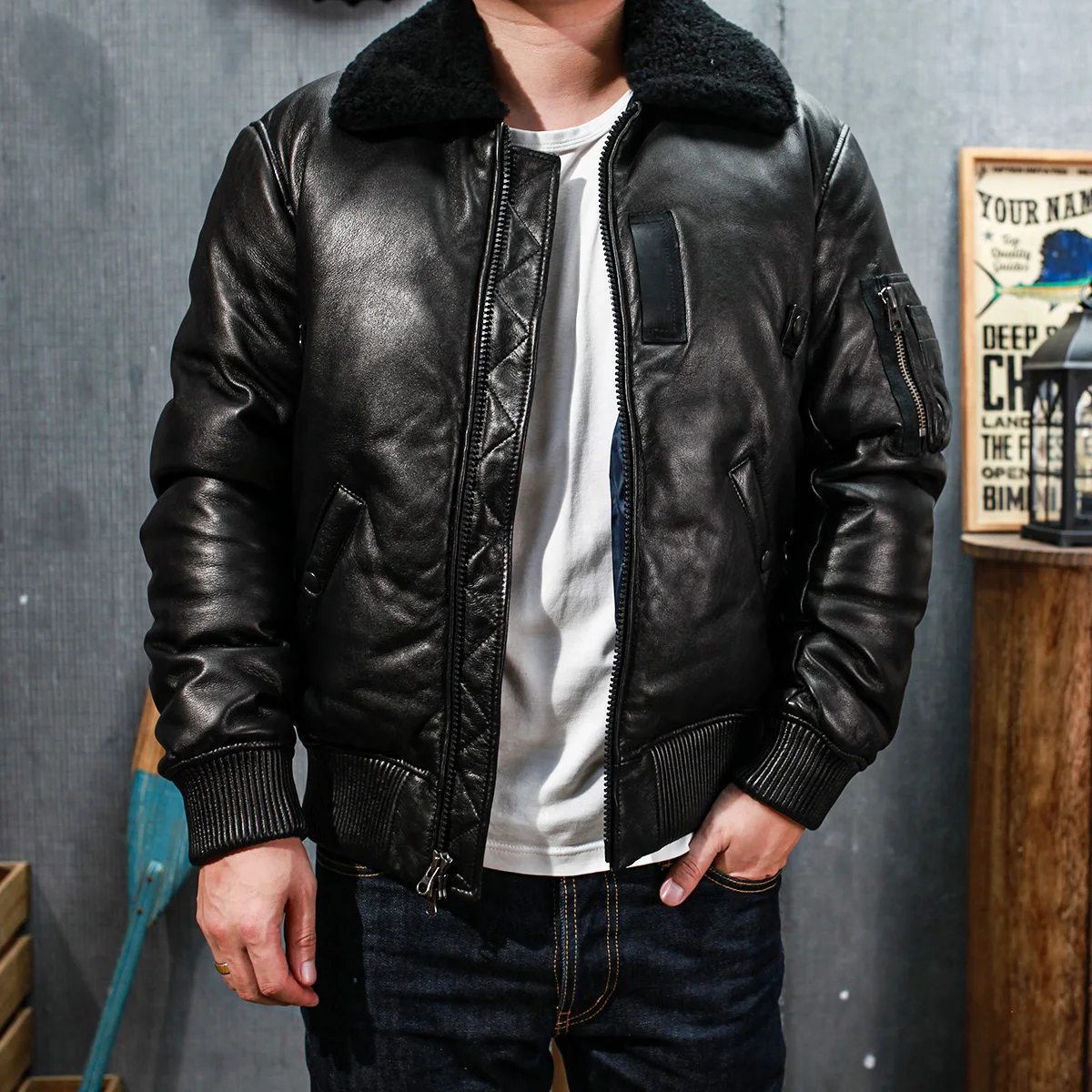 SDB15 European Size High Quality Super Warm Genuine Sheep Skin Leather Coat Mens Big Casual B15 Down Jacket