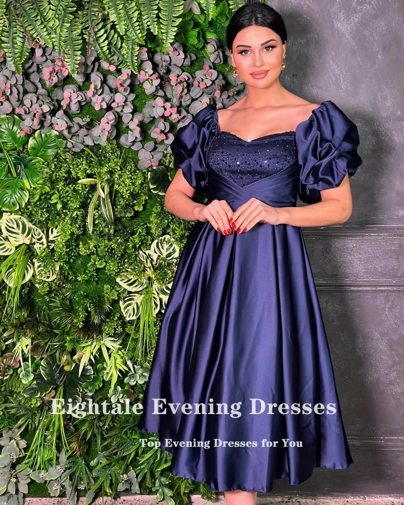 Eightale Navy Blue  Evening Dress Satin Short Sleeves Formal Arabic Prom Gown Short Wedding Party Dress Robes De Soirée