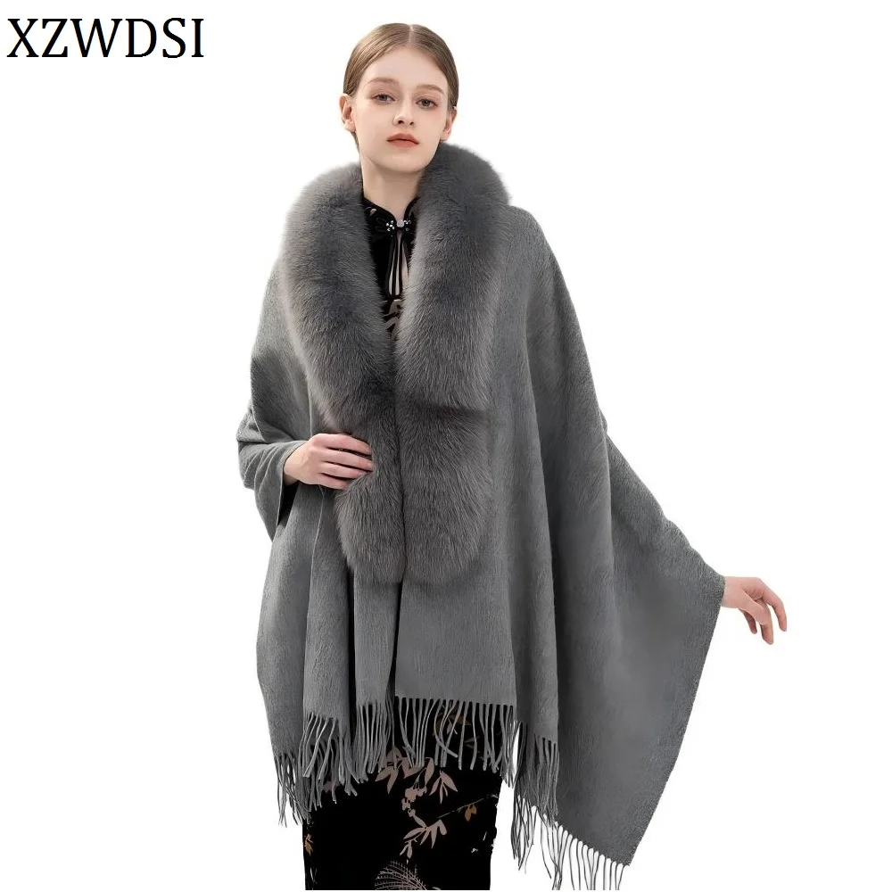Elegant Women's Winter Shawl Genuine Fox Fur Collar Solid Color Winter Cashmere Wool Wrap