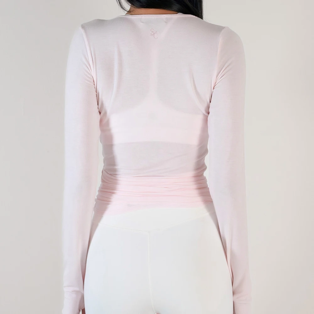 المرأة مثير التفاف المحاصيل القمم تيز كم طويل العميق الخامس رابطة عنق تجريب الباليه بيلاتيس اليوغا تي شيرت مع ثقوب الإبهام اقتصاص القمم #3