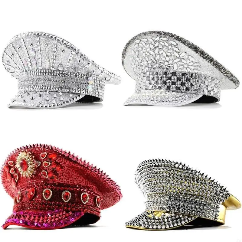 L5YC Rhinestones Marine Top Hat Rivet Studded Big Brims Hat for Youth para jóvenes para adultos Tema fiesta Festival Festival