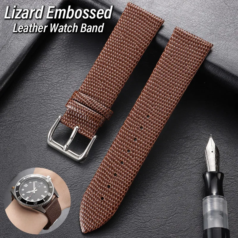 Lizard Embossed Leather Watch Band 10/12/14/16/18/20/22mm Luxury Soft Textured Cowhide Strap Brown Black Replacement Bracelet