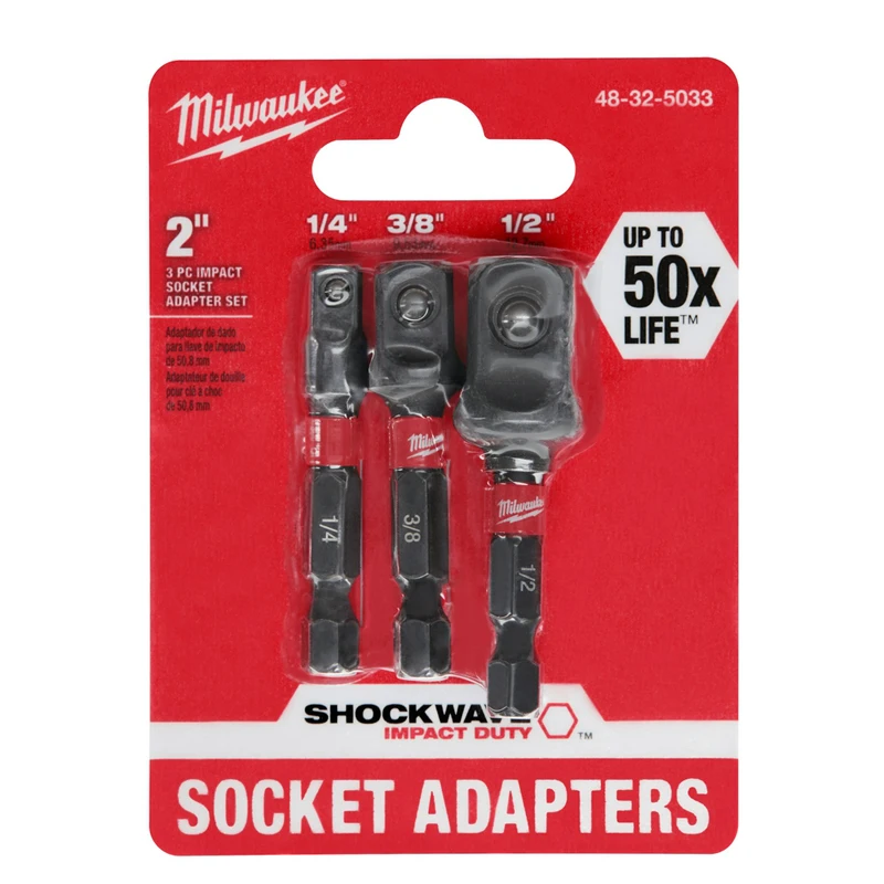 Milwaukee 48-32-5033 SHOCKWAVE Impact Sechskantschaft-Steckschlüssel-Adapter-Set, 3-teilig, kundenspezifisches Werkzeugzubehör aus legiertem 76-Stahl mit langer Lebensdauer