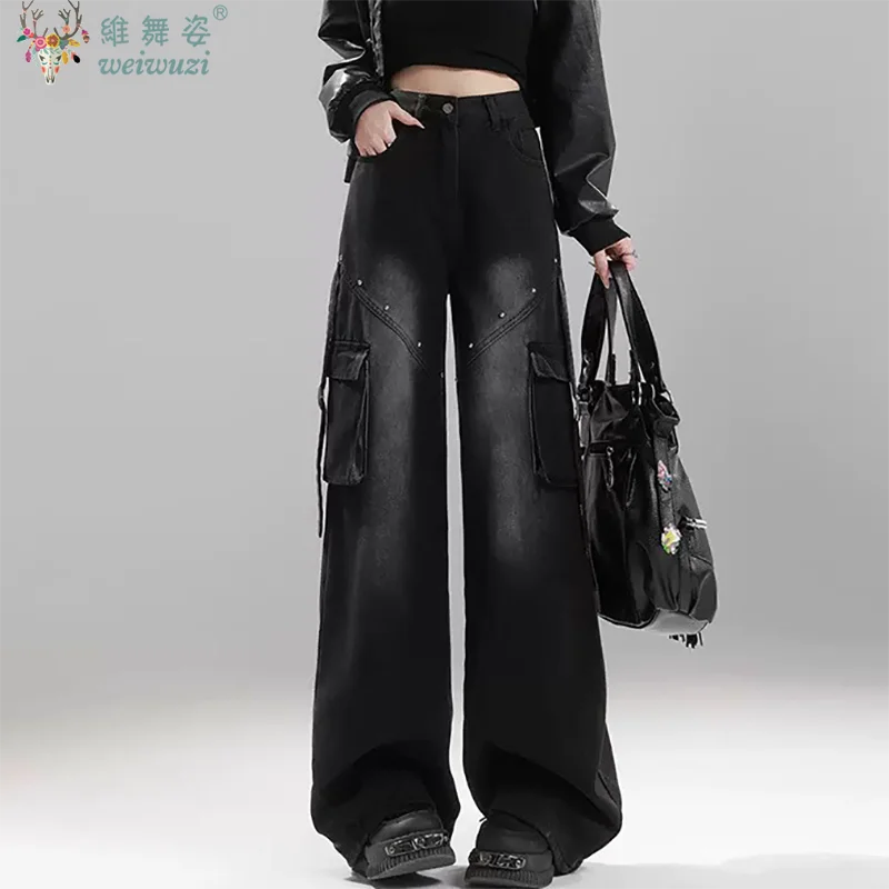Pantalones vaqueros de mujer estilo americano pantalones Cargo de mezclilla Otoño/Invierno pantalones góticos de cintura alta ropa de trabajo suelta pantalones de pierna ancha Hip-hop