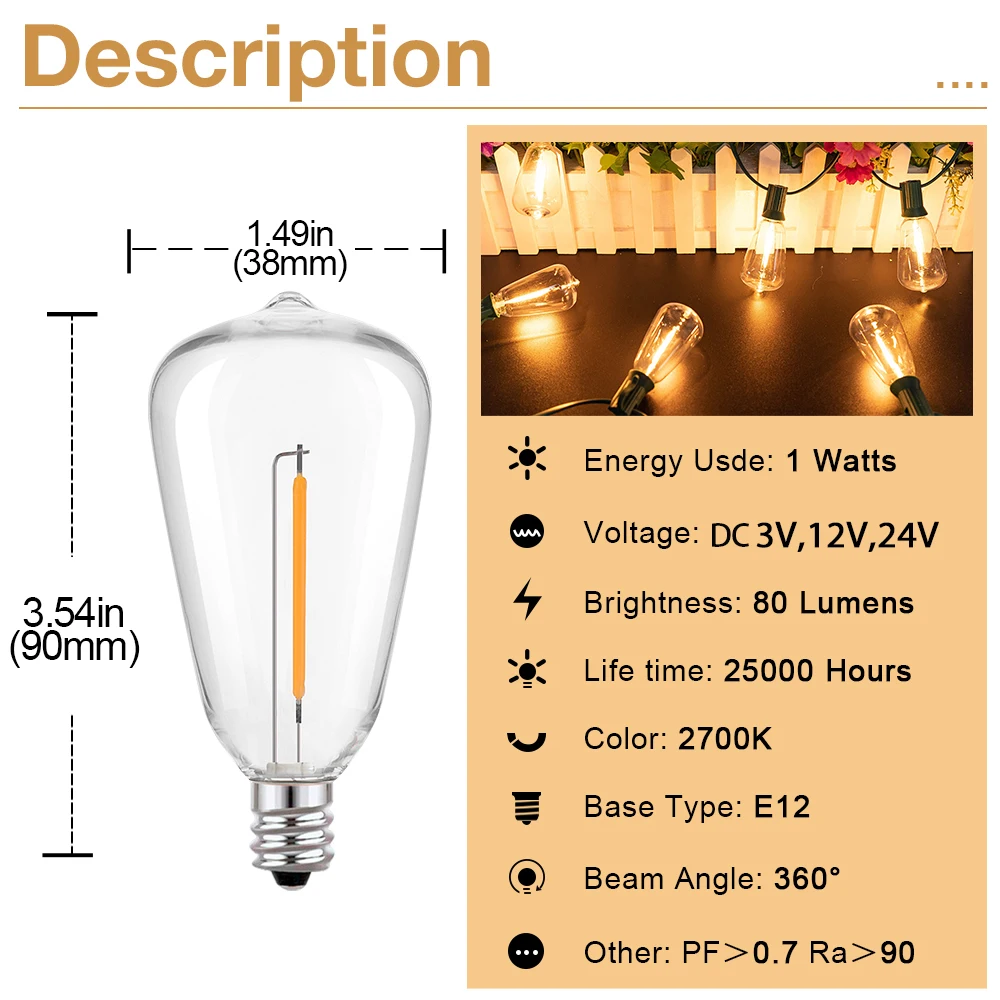 ST38 Low Voltage Light Bulb DC 3V 12V 24V LED E12 Solar Replacement Bulbs for Off-Grid Solar Battery Systems RVs Marine Lighting