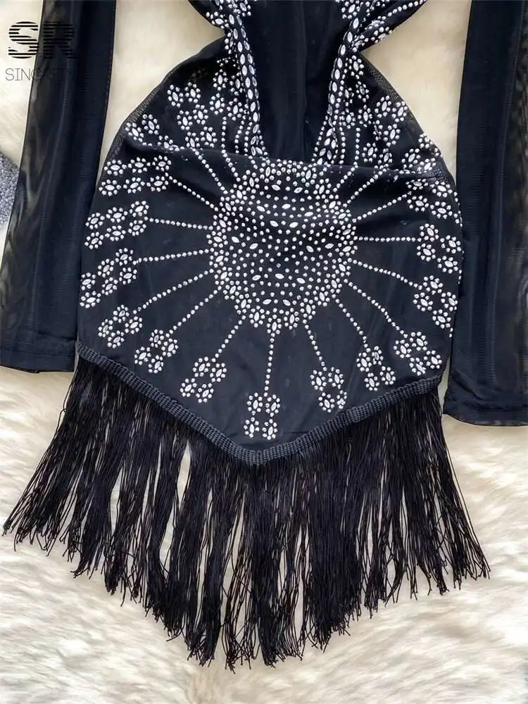 BabYoung Perlen Quaste Frauen Langarm O Hals Mode Mesh Elastische Reißverschluss Design 2024 Sheer Senior Party Kleider