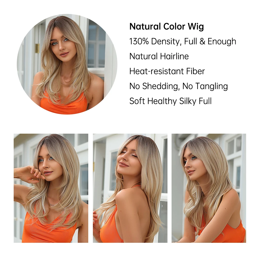 긴 직선 계층화 된 합성 가발 금발 플래티넘 하이라이트 가발 (Bangs 포함) 코스프레 매일 사용 내열성 가발 여성용