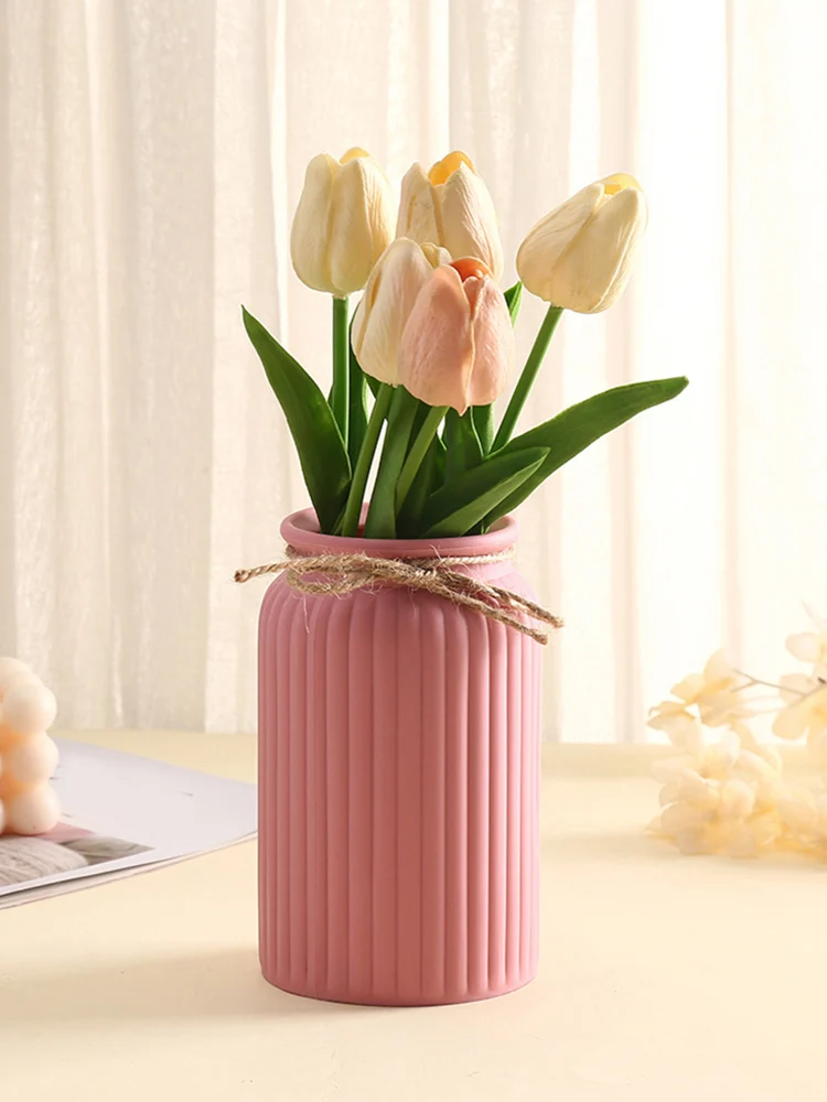 Nordic Style Origami Striped Rope Bownot Flower Vase Fashion Simple Plastic Flowerpot Flower Pot Home Room Desktop Decor Vases