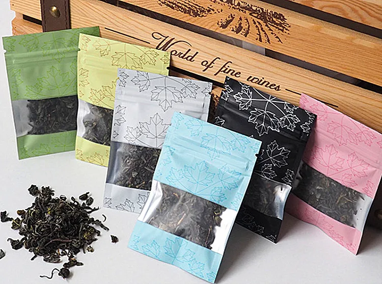 100pcs Resealable Maple Leaves Aluminum Foil Zipper Bag Jewelry Snack Coffee Powder Sugar Candy Chocolate Nuts Packaging Pouches