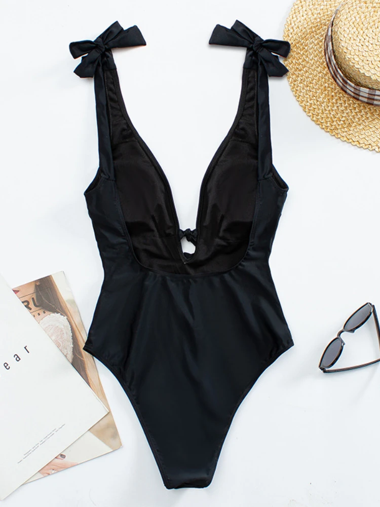 Black Tie Shoulder Swimsuit Women Vintage One-piece Halter Bathing Suits Sexy Knotted Swimwear Summer Beachwear Maillot De Bain