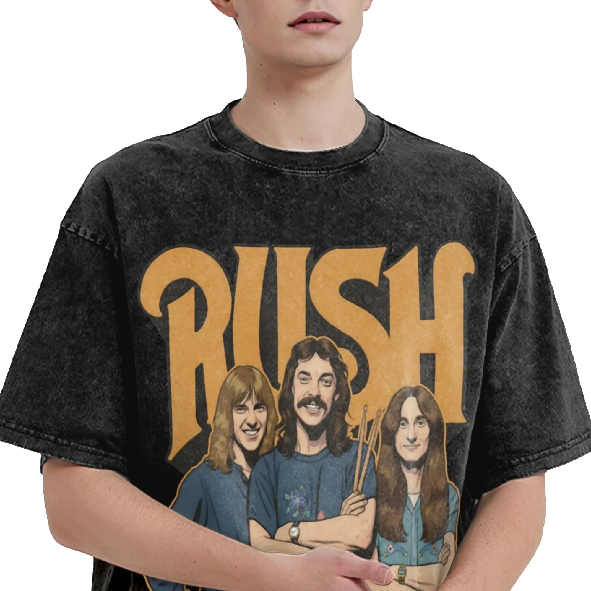 Rush Band T Shirts Hip Hop Washed Short Sleeve High Street T-Shirts  Vintage Men Women Tops Streetwear Printed Tee Shirt