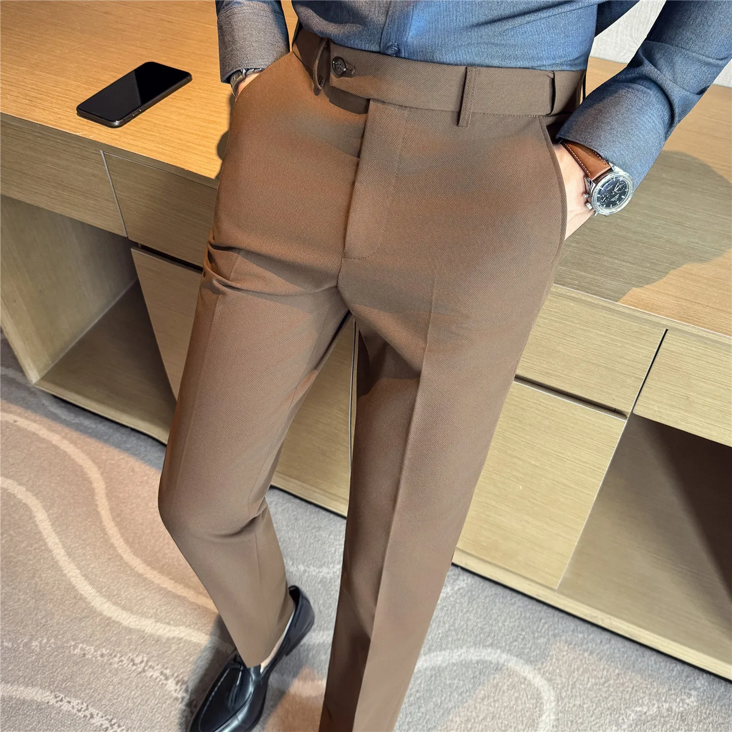 

Autumn Winter Elastic Waisted Suit Pants Men Non Ironing Casual Pants Solid Color Versatile Social Office Work Formal Trousers