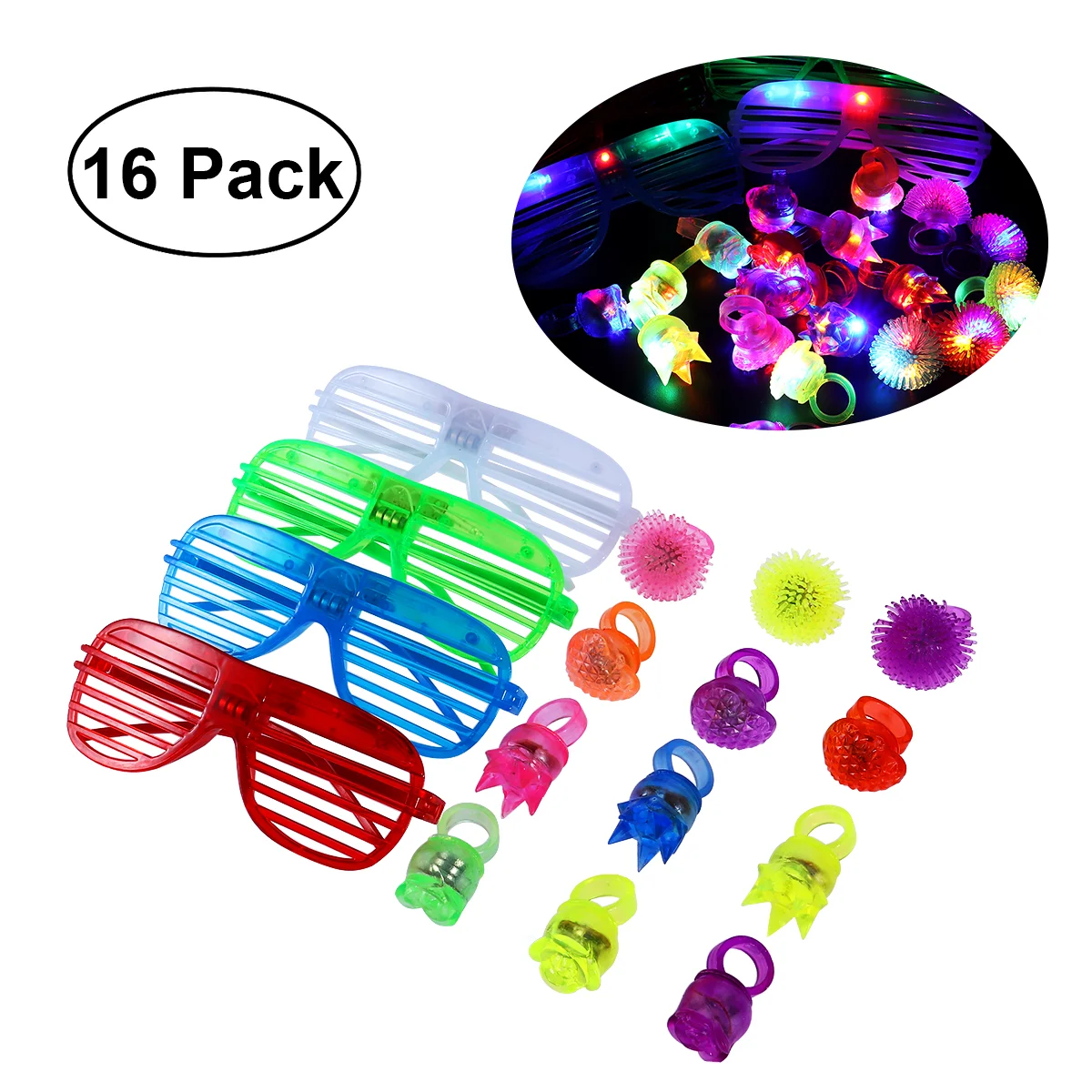 

TOYMYTOY 16pcs Flashing Slotted Shades Glasses & LED Flashing Rings LED Light Up Toy Party Favor (4pcs Red & Green & Blue & Whit