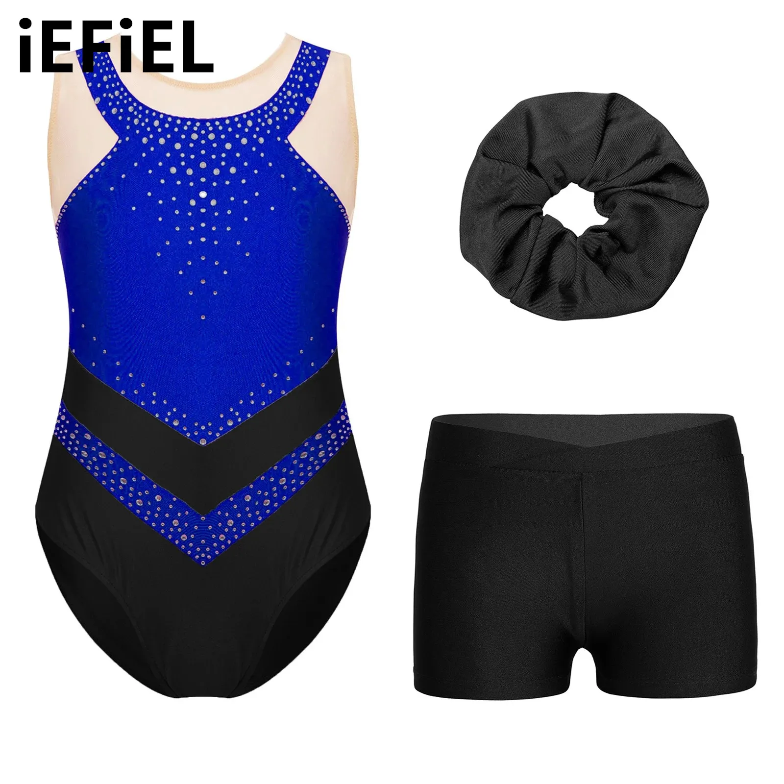 Kids Girls Ballet Gymnastics Sets Sparkling Rhinestones Color Block Leotard with V-front Waistband Shorts And Hair Band