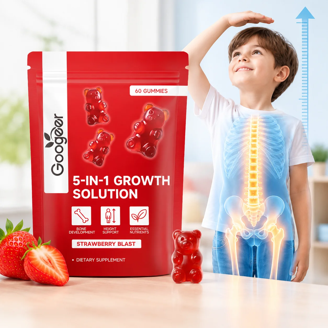 5-in-1 Bone Growth Gummies Bone Development Height Support Essential Nutrients with Calcium 60pcs Strawberry Flavor for Kids