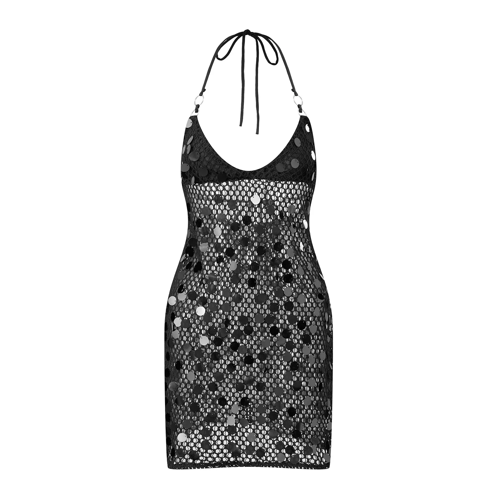 

Женское трикотажное платье с бретелькой на шее и пайетками, облегающее мини-платье без рукавов, клубное платье