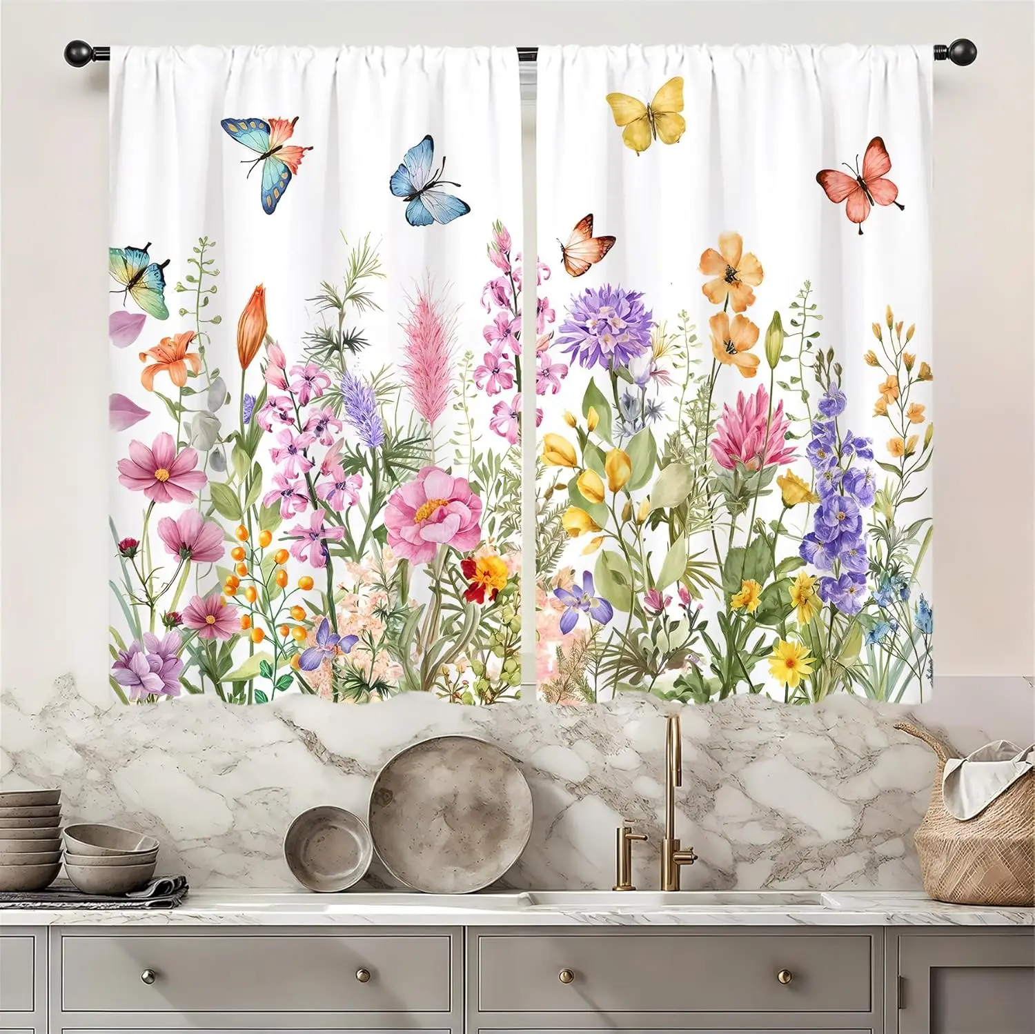 Colorful Floral Burtterfly Kitchen Curtain 27.5W X 39L Inch 2 Panels Wildflower Spring Summer Flower Small Cafe Tier Purple Pink