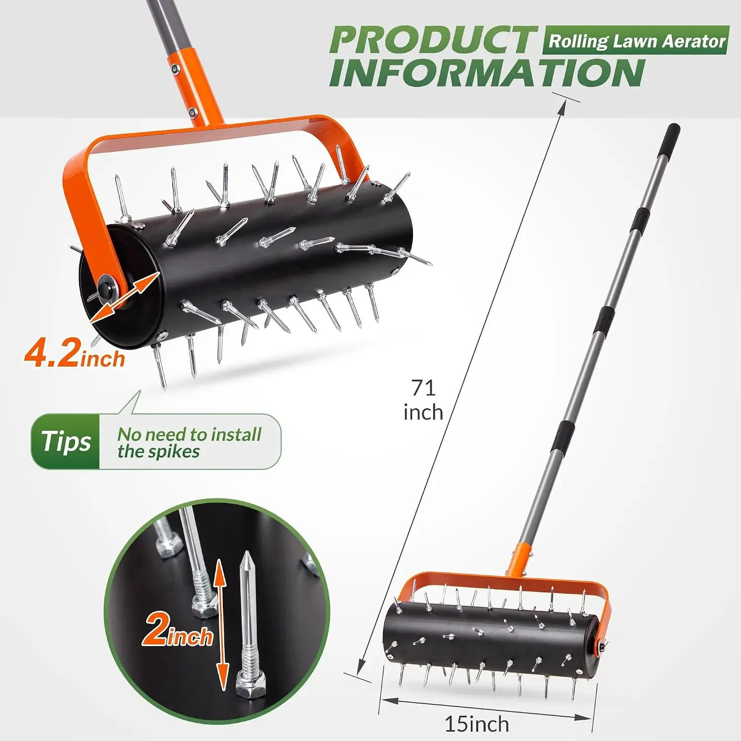 Rolling Lawn Aerator, Heavy Duty Manual Aerator Tool with 42 Spikes, Lawn Spike Aerator Roller with 71" Adjustable Handle - view 2