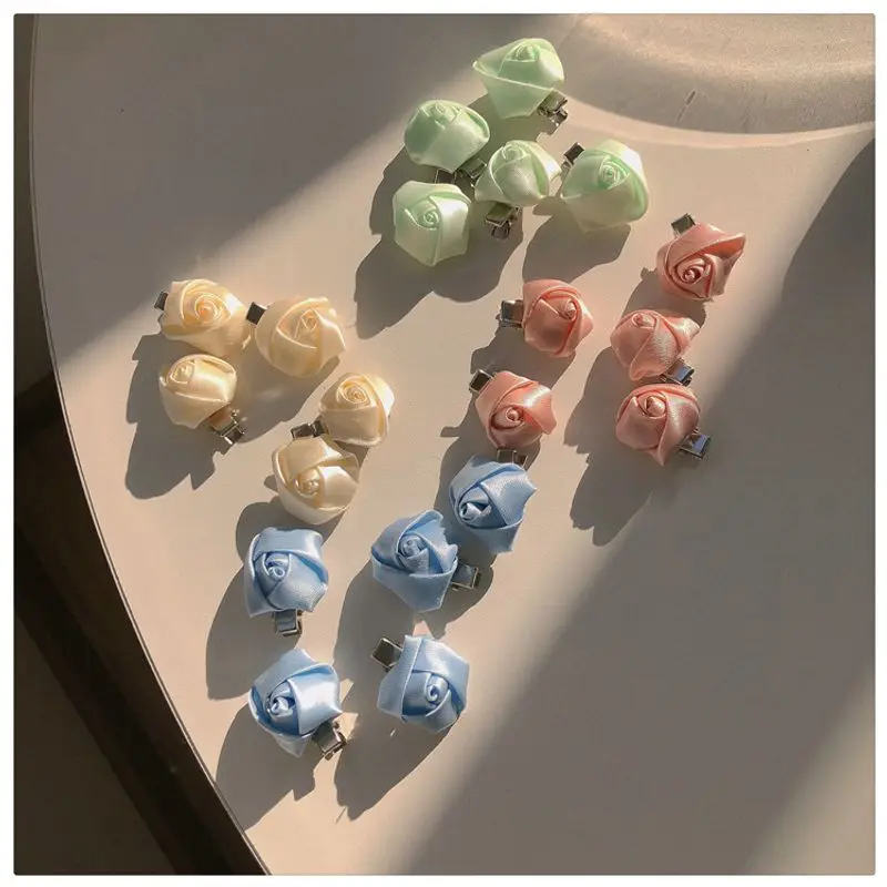 5pcs Multi colored satin like flower buds, rose hair clips, small fresh camellia hair accessories, duck clip, sweet headband