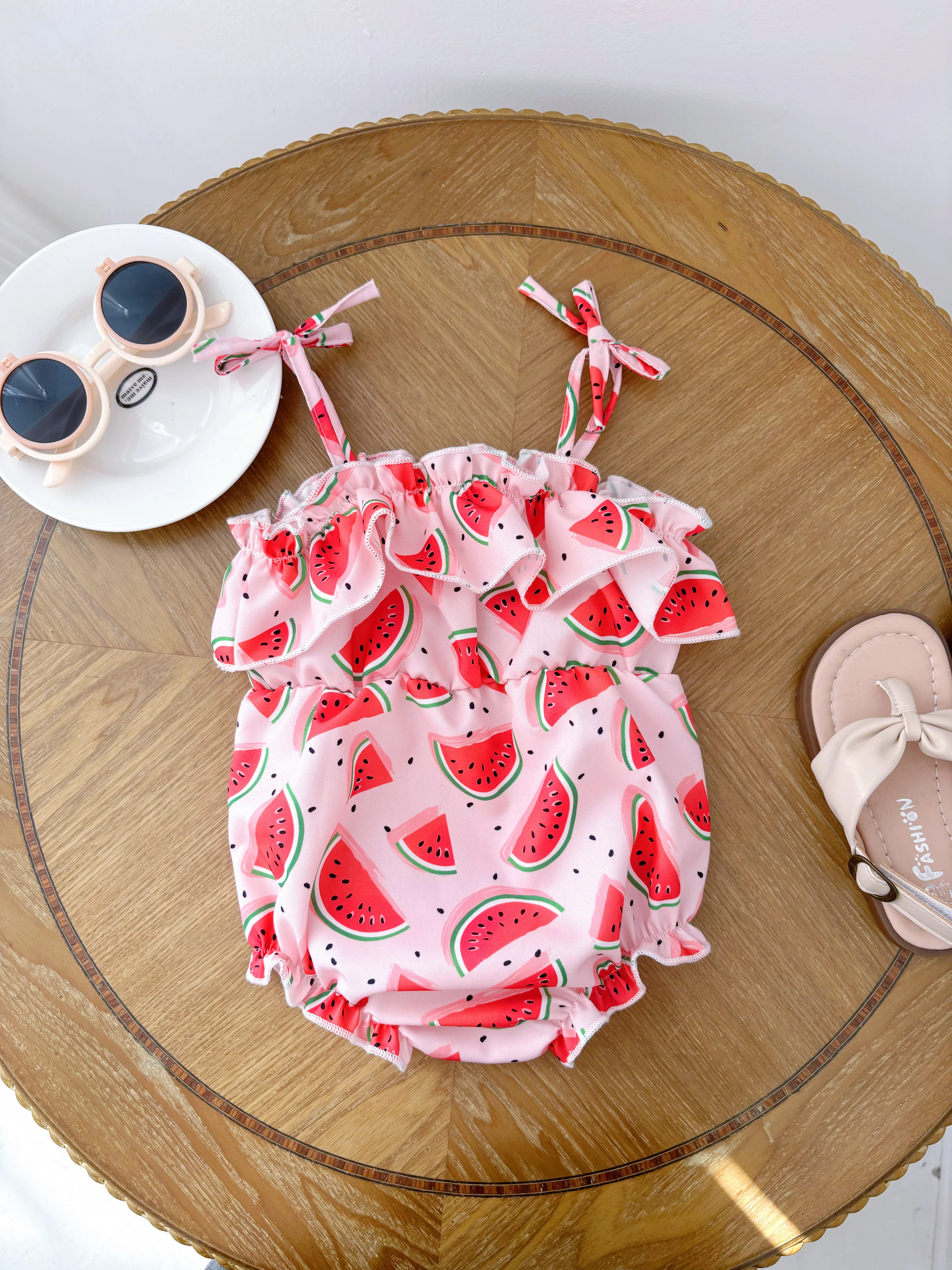 

Baby Girl Sleeveless Ruffled Summer Jumpsuit-Watermelon Printed Bow Decoration, Lightweight and Breathable School Children's sui