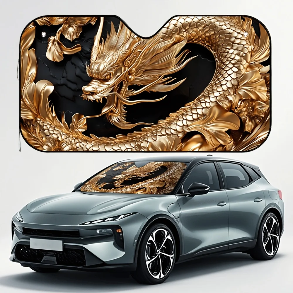 

1pc Golden Dragon Design Car Sunshade - Foldable & Stylish Vehicle Cooling Shade With 4 Suction Cups & Space-Saving Buckle, Fits
