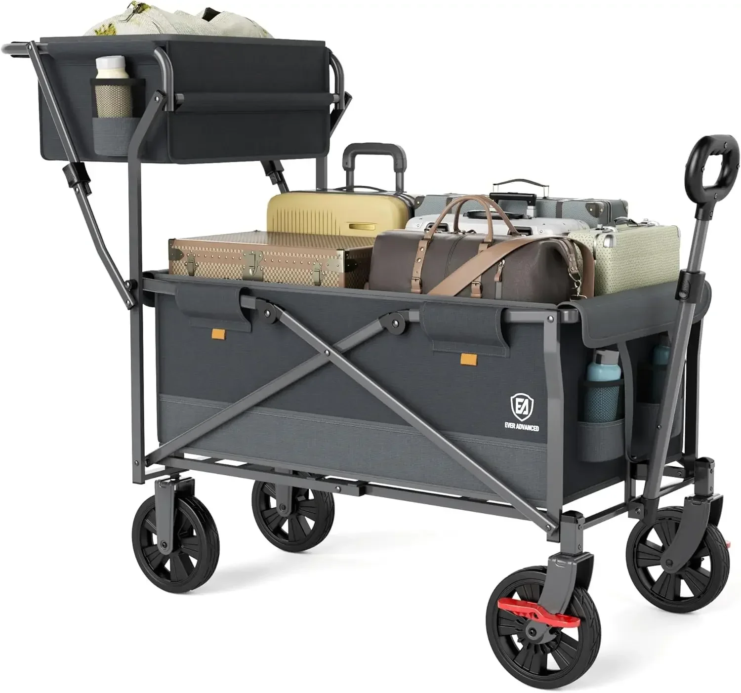 Collapsible Push & Pull Shopping Cart with Wheels & Brakes, Foldable Wagon for Groceries with Practical Basket, Side Pockets & C