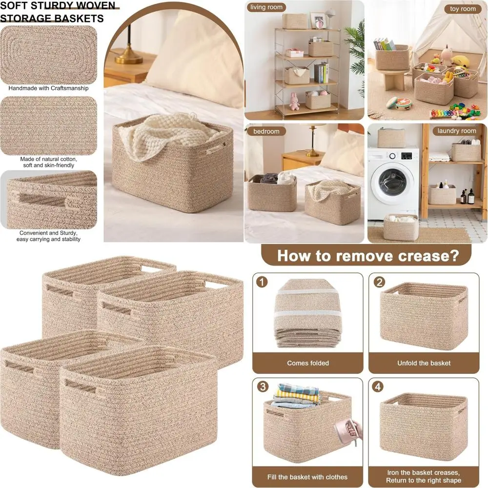

Storage Baskets for Organizing, Woven Decorative Baskets for Shelves - Books, Towels, and Clothes, Cotton Rope Toy Storage Bins,
