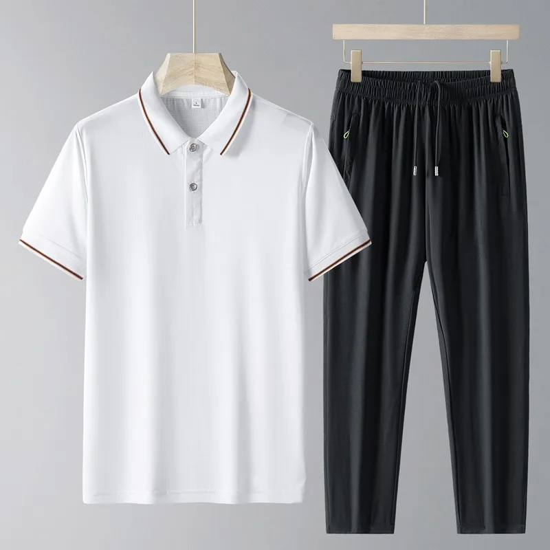 

Men's Middle Aged Ice Silk Polo 2 Piece Set Summer Short Sleeve Casual Sports Long Pants