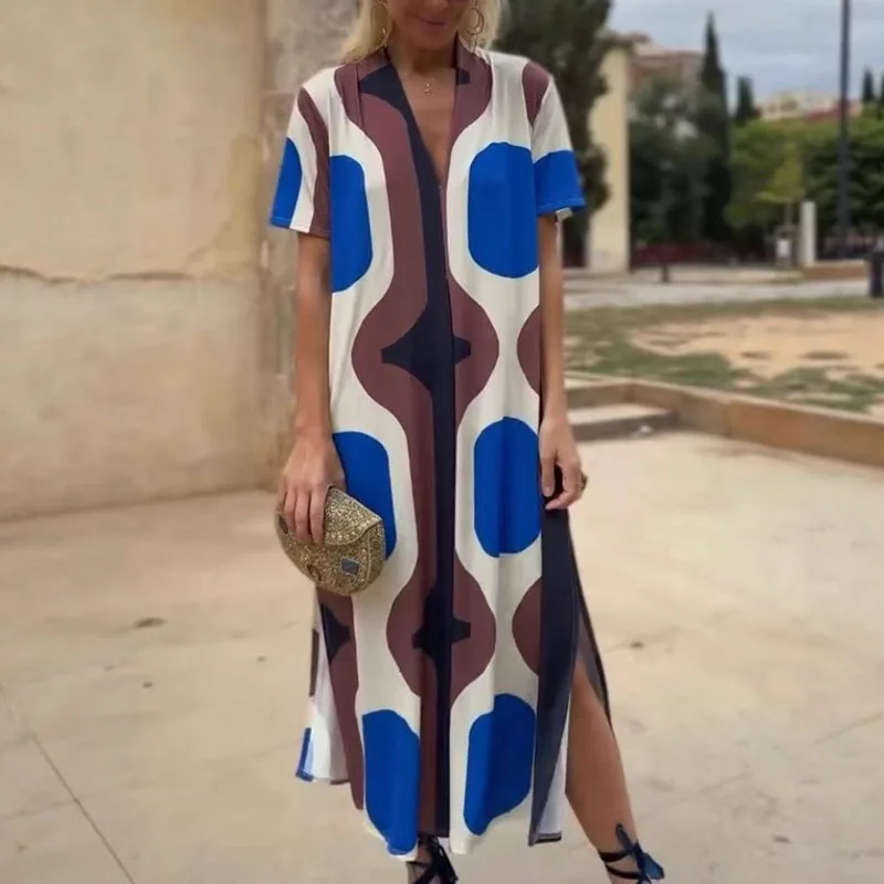 Elegancka Sukienka Szlafrokowa w Stylu Retro z Rozcięciem, Damska Letnia Sukienka z Krótkim Rękawem, Kontrastowa Sukienka w Linii A, Długa Sukienka Boho, Luźna Sukienka z Dekoltem O, Sukienka na Wakacje i Bal