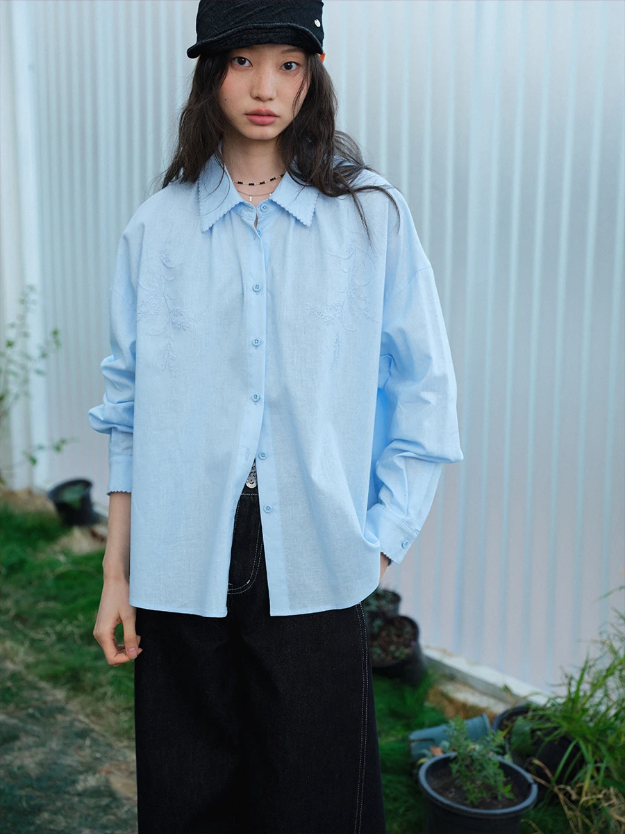 

Blueerror Linen Embroidered Long Sleeve Shirt Women Loose Lazy Shirt Spring French Style Breathable Comfortable Casual Button up