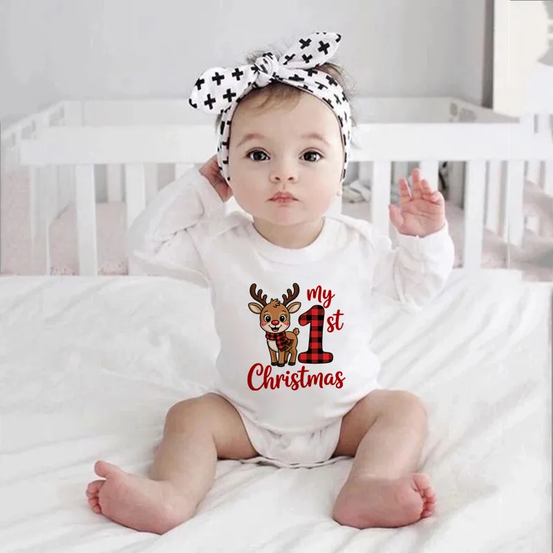 Baby My First Christmas Long Sleeve Bodysuit Newborn Cartoon Reindeer Print Romper Infant 1st Christmas Outfit Baby Clothes