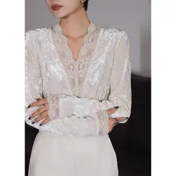 Women French Style Stylish Vintage Lace Patchwork Blouse Elegant Luxury Business Casual Shirt Solid V Neck Long Sleeve Slim Tops