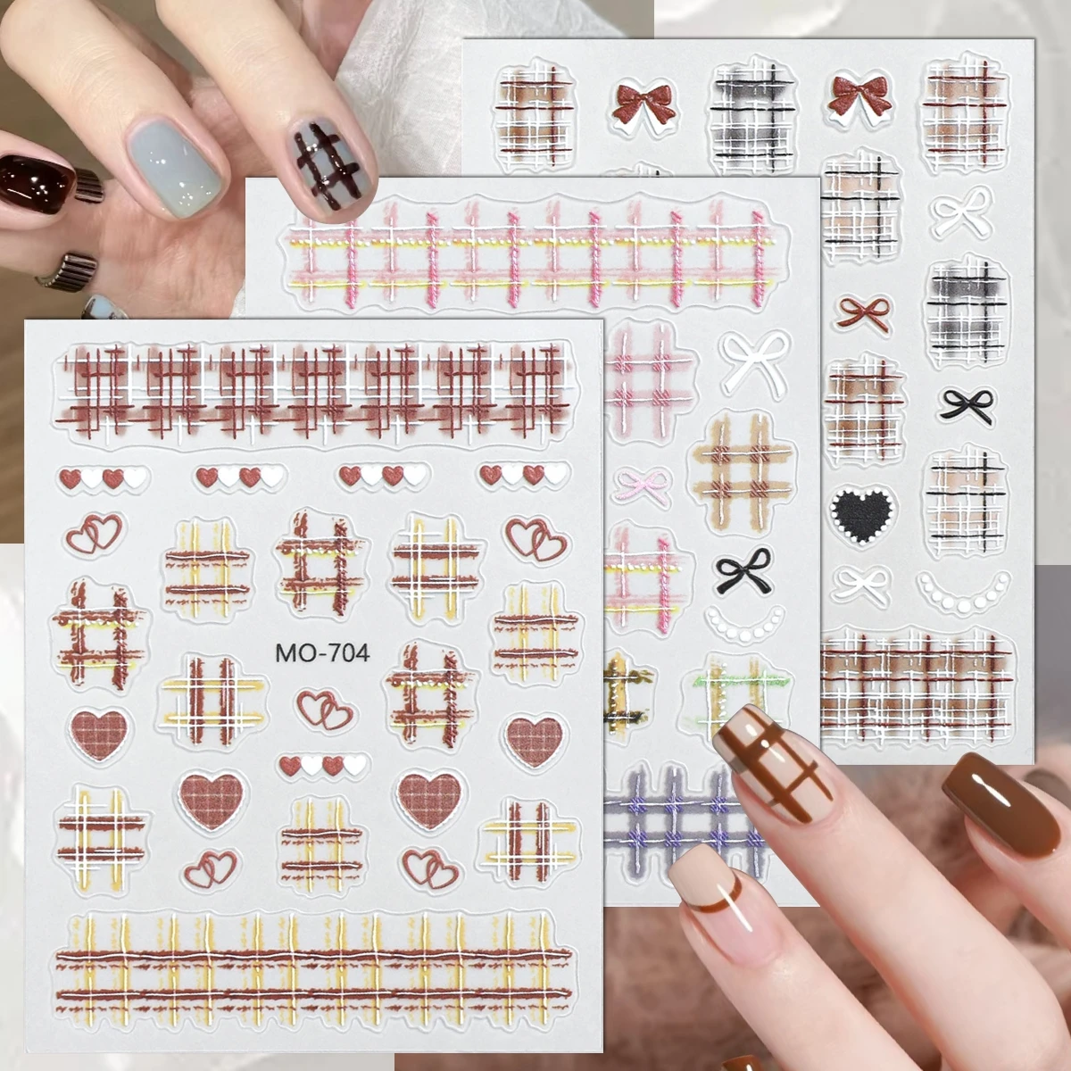 3/6 Blatt 5D Karierte Schleifen-Herz-Nagelaufkleber Selbstklebende Karierte Nagelkunst-Abziehbilder Gitter-Streifen-Maniküre-Dekor