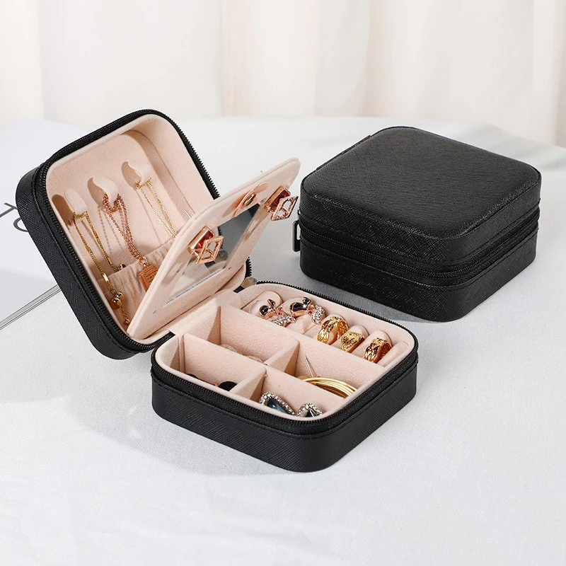 Travel Jewelry Case With Mirror Necklace Earrings Ring Organizer Display Boxes Pu Leather Zipper Jewelry Storage Box Portable