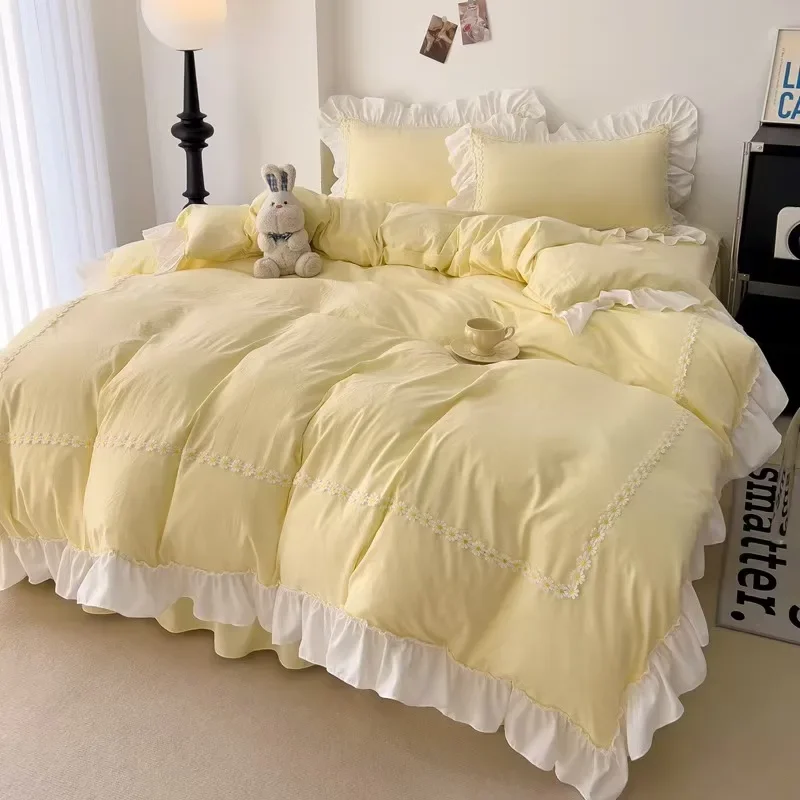 Korean Princess Style Bedding Sets Ins Lace Bowknot Duvet Cover Fitted Sheet For Girl Woman Home Bedroom Kawaii Bed Linens
