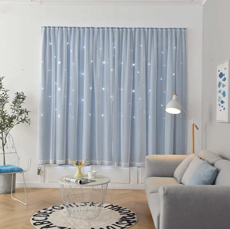 Hollow Star Hook and Loop Curtains Korean Punching-Free 70% Shading Curtain Double-Decker Sun Shading Cloth Blind for Bedroom